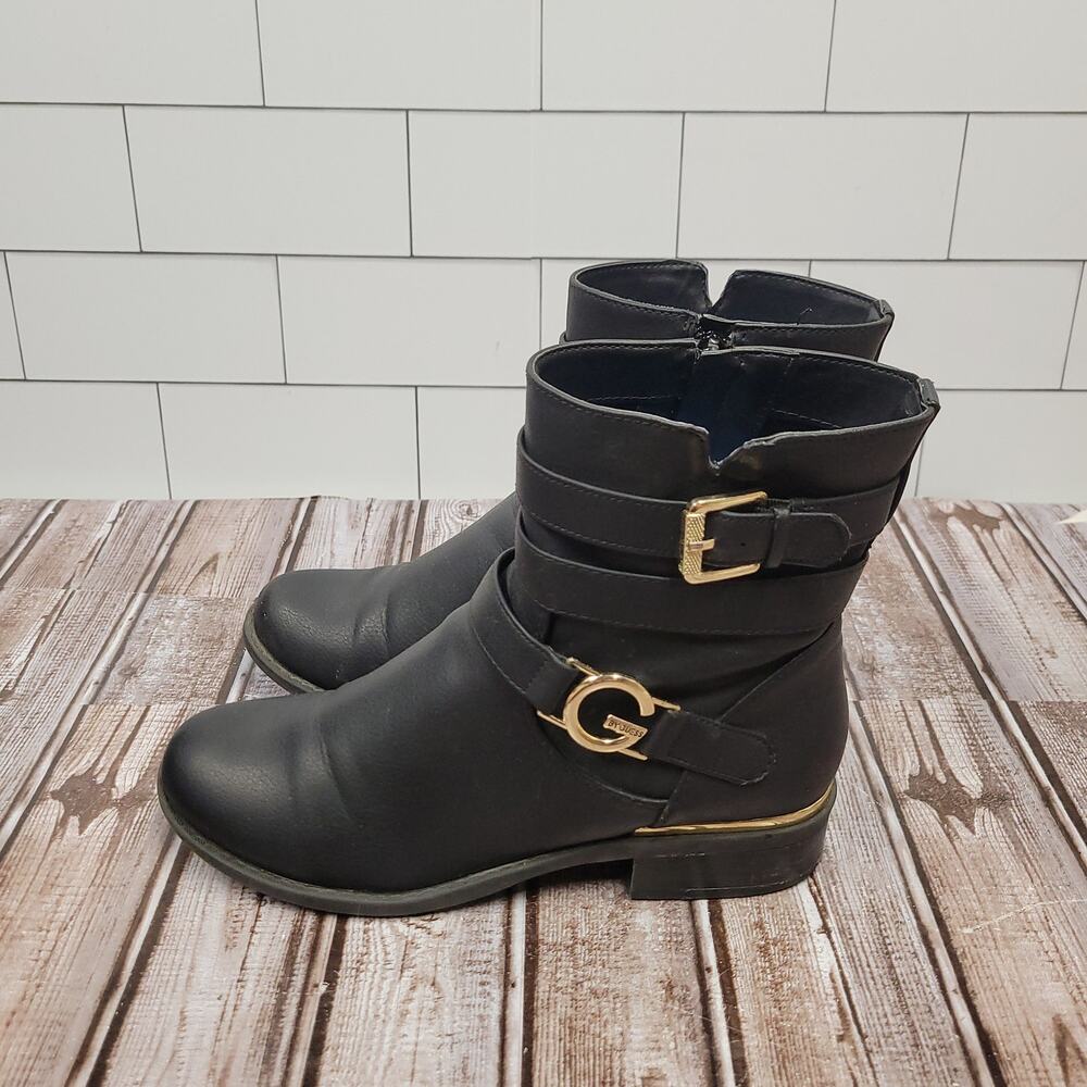 Guess Black Ankle Boots Women's 7.5 Moto Buckle Side Zip Low Heel Booties